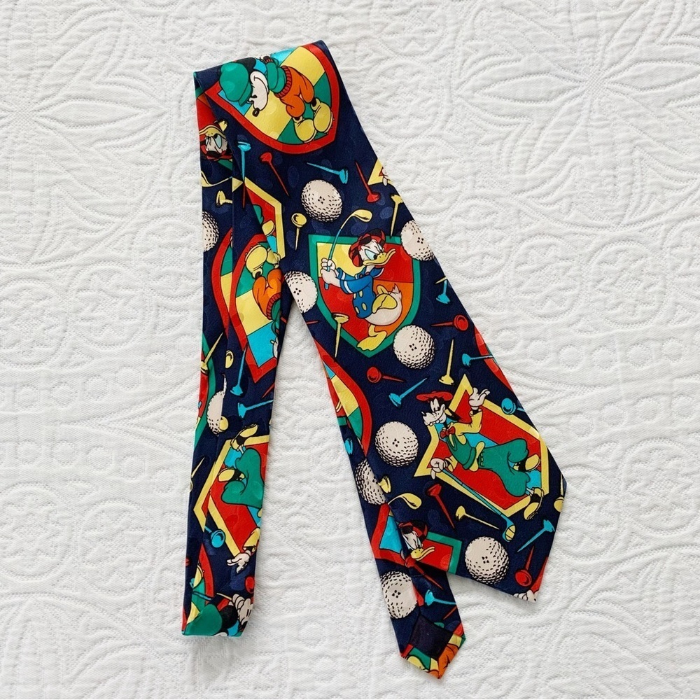 Vintage‎ Disney Silk Tie Mickey Mouse Goofy Donald Duck Playing Golf